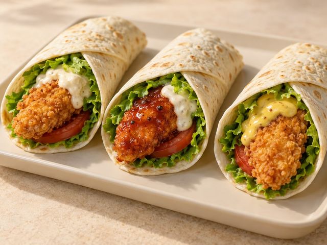 AI-generated illustration of three small crispy chicken wraps with lettuce, tomato and different sauces