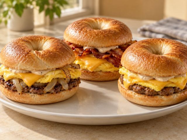 AI-generated illustration of three breakfast bagels with steak and onions, bacon, or sausage, plus egg and cheese