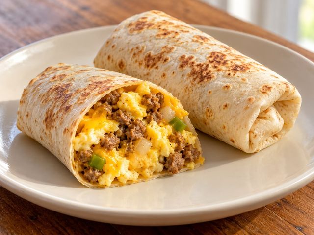 AI-generated illustration of two small breakfast burritos, one cut open to show scrambled egg, sausage, cheese and peppers