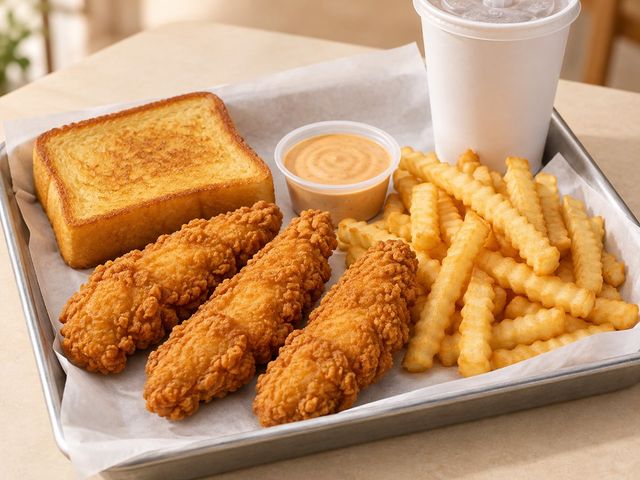 AI-generated illustration of three chicken fingers, crinkle-cut fries, toast, sauce and a plain drink cup
