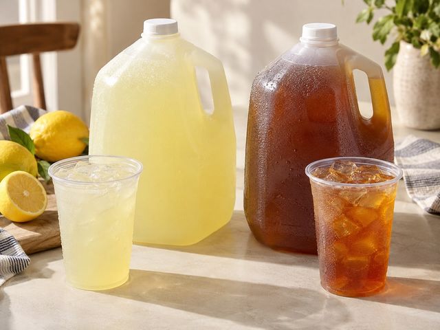 AI-generated illustration of cups and large plain jugs of lemonade and iced tea