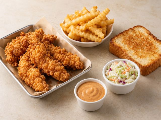 AI-generated illustration of chicken fingers, crinkle-cut fries, toasted bread, coleslaw and dipping sauce
