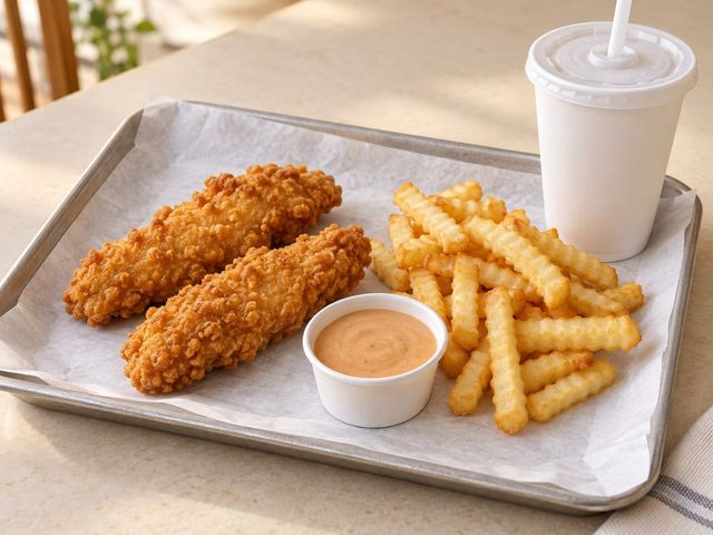 AI-generated illustration of two chicken fingers, crinkle-cut fries, sauce and a plain drink cup
