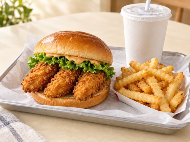 AI-generated illustration of a chicken-finger sandwich with lettuce, crinkle-cut fries and a plain drink cup
