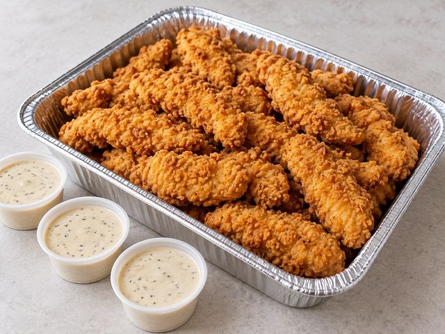 AI-generated illustration of an unbranded tray of chicken fingers with dipping sauce