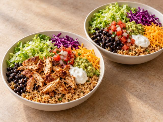 AI-generated illustration of two rice bowls with black beans, lettuce, tomatoes and guacamole, one topped with chicken