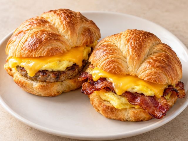 AI-generated illustration of two croissant breakfast sandwiches with egg and cheese, one with sausage and one with bacon