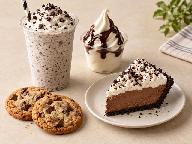 AI-generated illustration of a cookies-and-cream shake, soft serve with chocolate sauce, chocolate cream pie and cookies