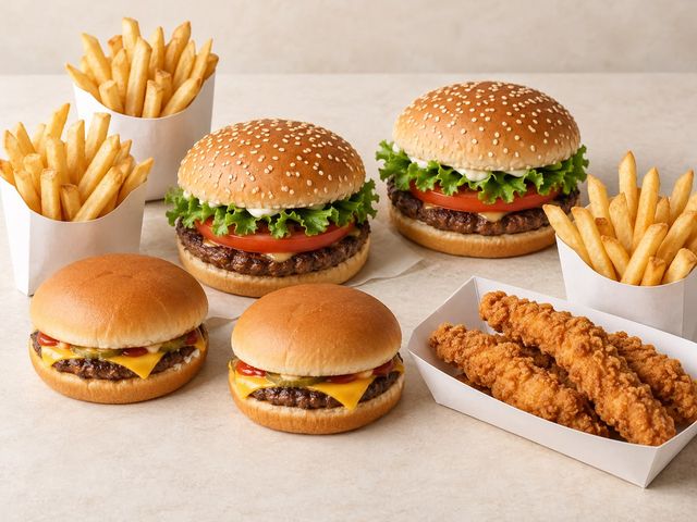 AI-generated illustration of a shared spread of burgers, cheeseburgers, potato fries and breaded chicken strips