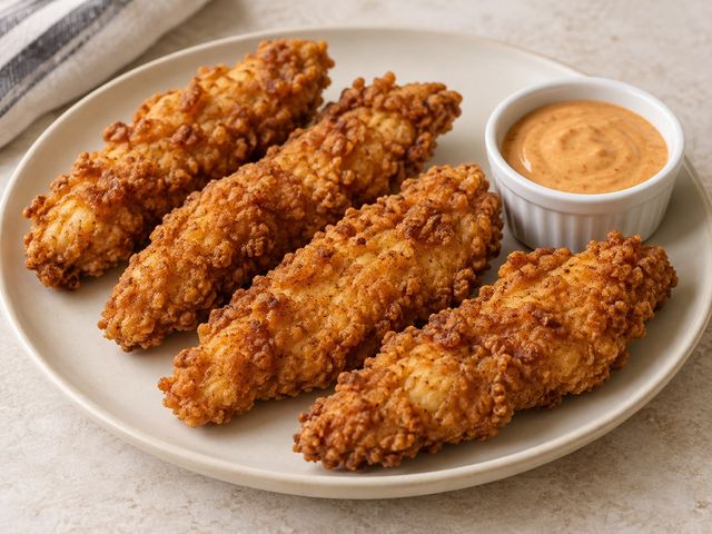 AI-generated illustration of four crispy chicken strips with a small dipping sauce