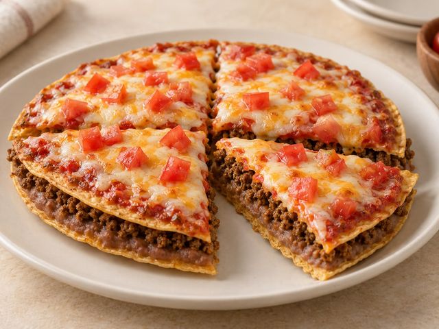 AI-generated illustration of a layered crispy tortilla pizza with beef, beans, melted cheese and diced tomatoes