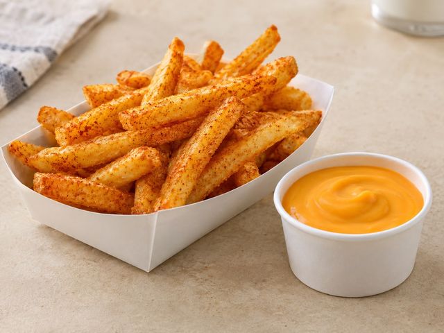 AI-generated illustration of seasoned fries in a plain tray with a separate cup of cheese dip