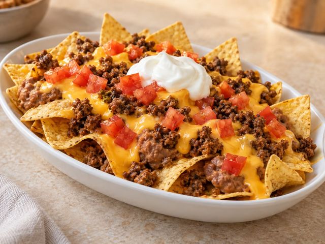 AI-generated illustration of tortilla chips topped with beef, beans, cheese sauce, tomatoes and sour cream