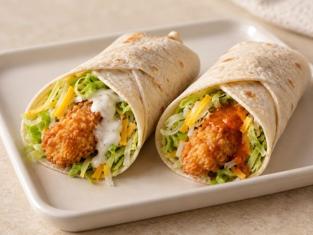 AI-generated illustration of two small crispy chicken wraps with lettuce, cheese and different sauces