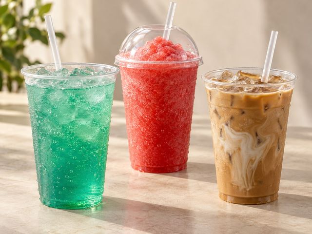 AI-generated illustration of three plain cups holding teal soda, red frozen slush and iced coffee