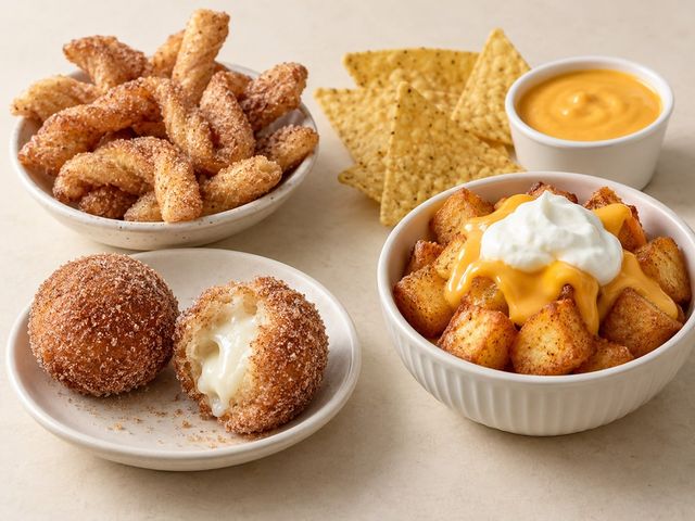 AI-generated illustration of cinnamon sugar bites, twisted snacks, cheesy potatoes and chips with dip