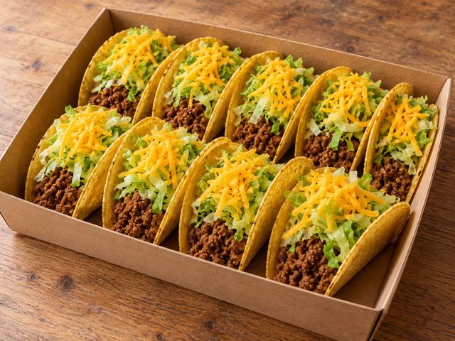 AI-generated illustration of a plain sharing tray of crunchy tacos with beef, shredded lettuce and cheese