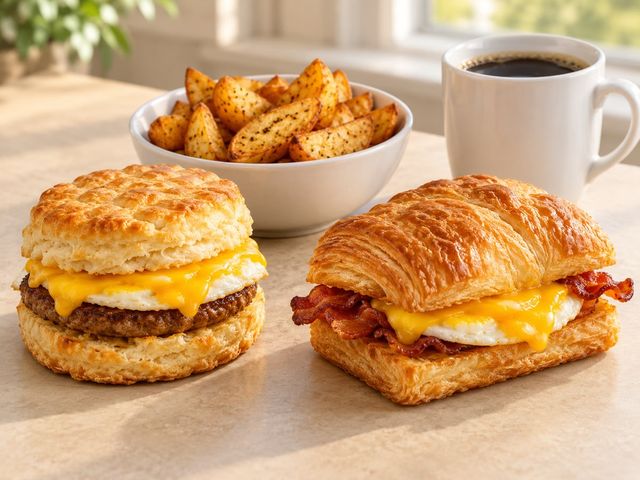 AI-generated illustration of sausage biscuit and bacon croissant breakfast sandwiches with seasoned potato wedges and coffee