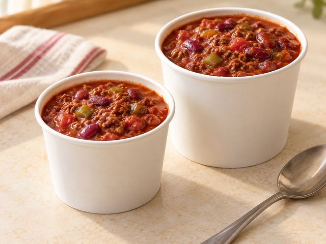 AI-generated illustration of two plain cups of beef and bean chili in different sizes