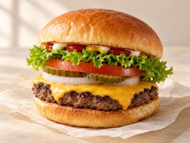 AI-generated illustration of a single square-patty cheeseburger with lettuce tomato pickles and onion