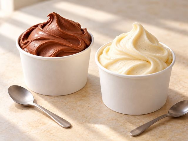 AI-generated illustration of two plain cups of smooth chocolate and vanilla frozen dairy dessert