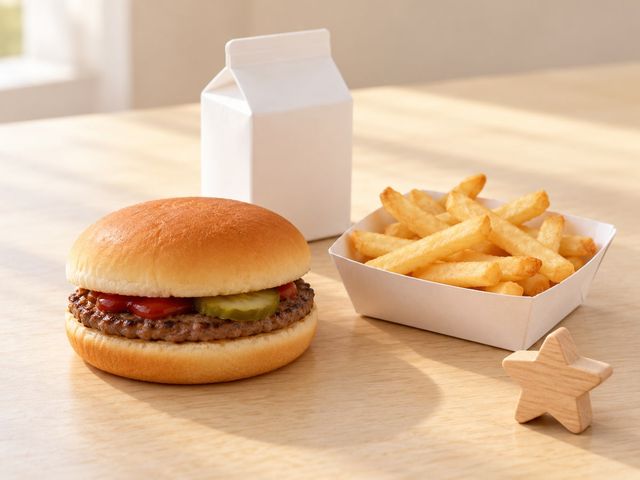 AI-generated illustration of a small hamburger fries plain milk carton and generic wooden star toy