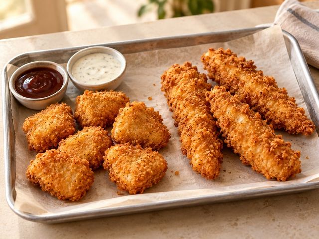 AI-generated illustration of bite-size chicken nuggets and long chicken tenders with two dipping sauces