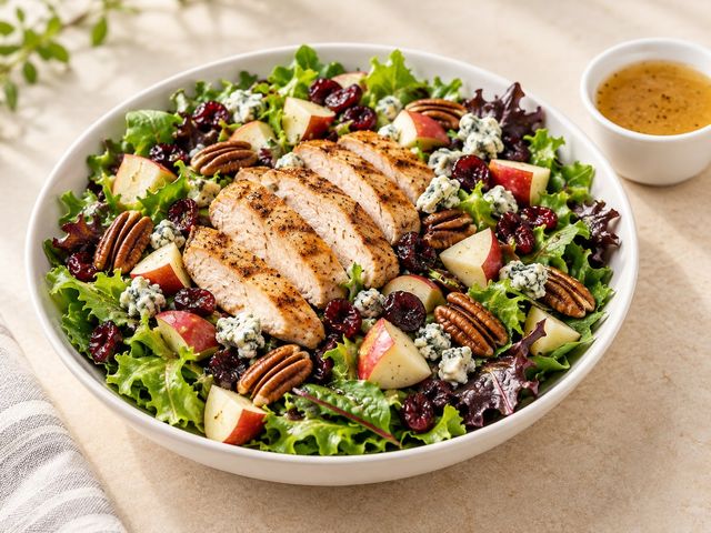 AI-generated illustration of a bowl of chicken salad with apple pecans cranberries and crumbled cheese