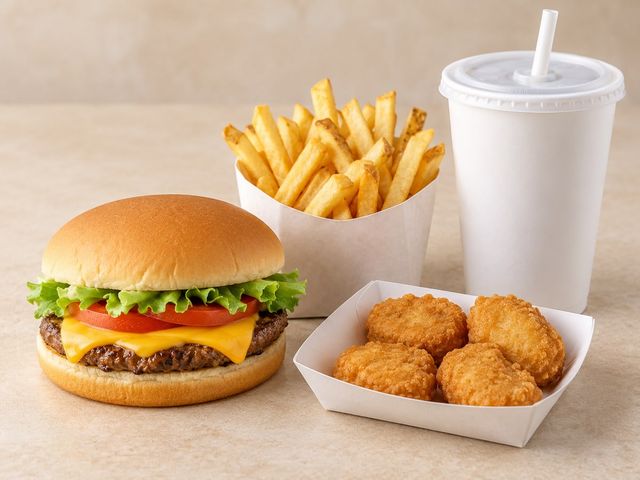 AI-generated illustration of a cheeseburger, four chicken nuggets, fries and a plain drink cup